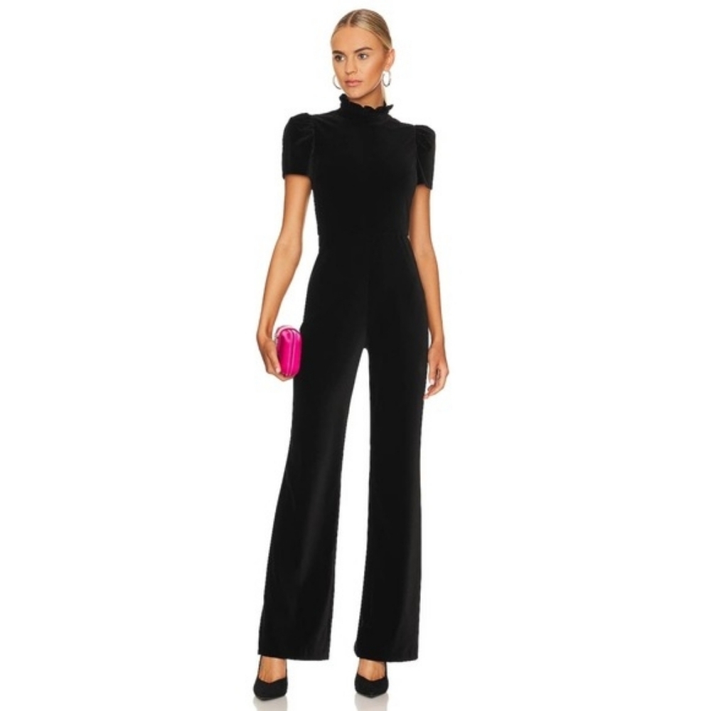 Alice + Olivia Jorah Black Velvet Puff Sleeve Wide Leg Jumpsuit Size 0 NEW
